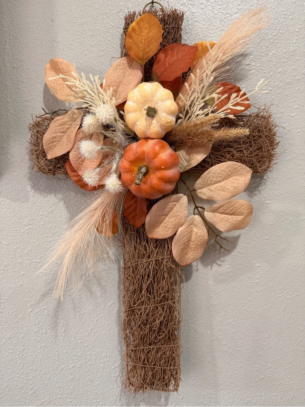 Set of 2 Autumn Harvest Pumpkin Wreath & Cross Decor in Orange & Beige